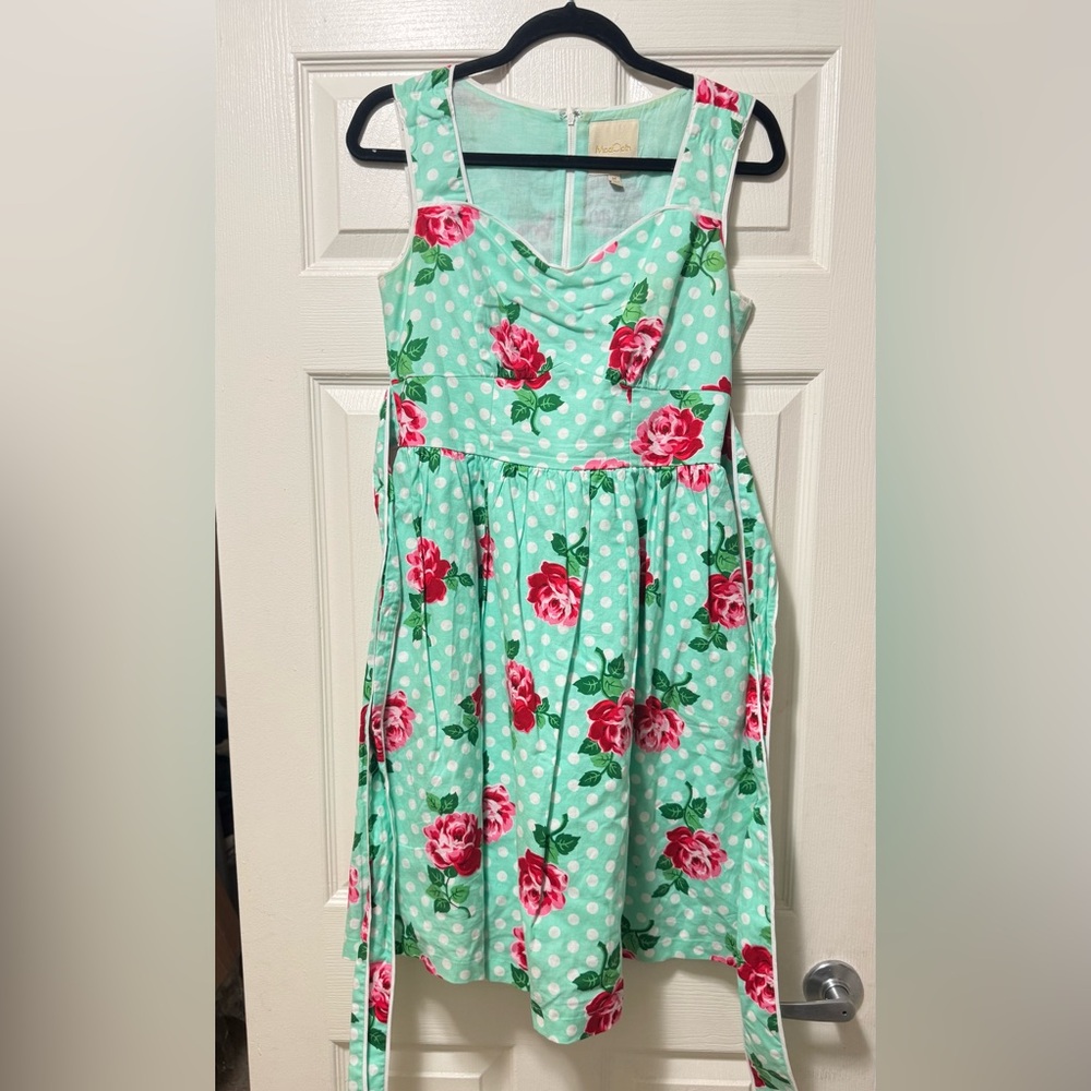 Modcloth  Dress with Floral and Polka Dot Pattern - Green and Red
